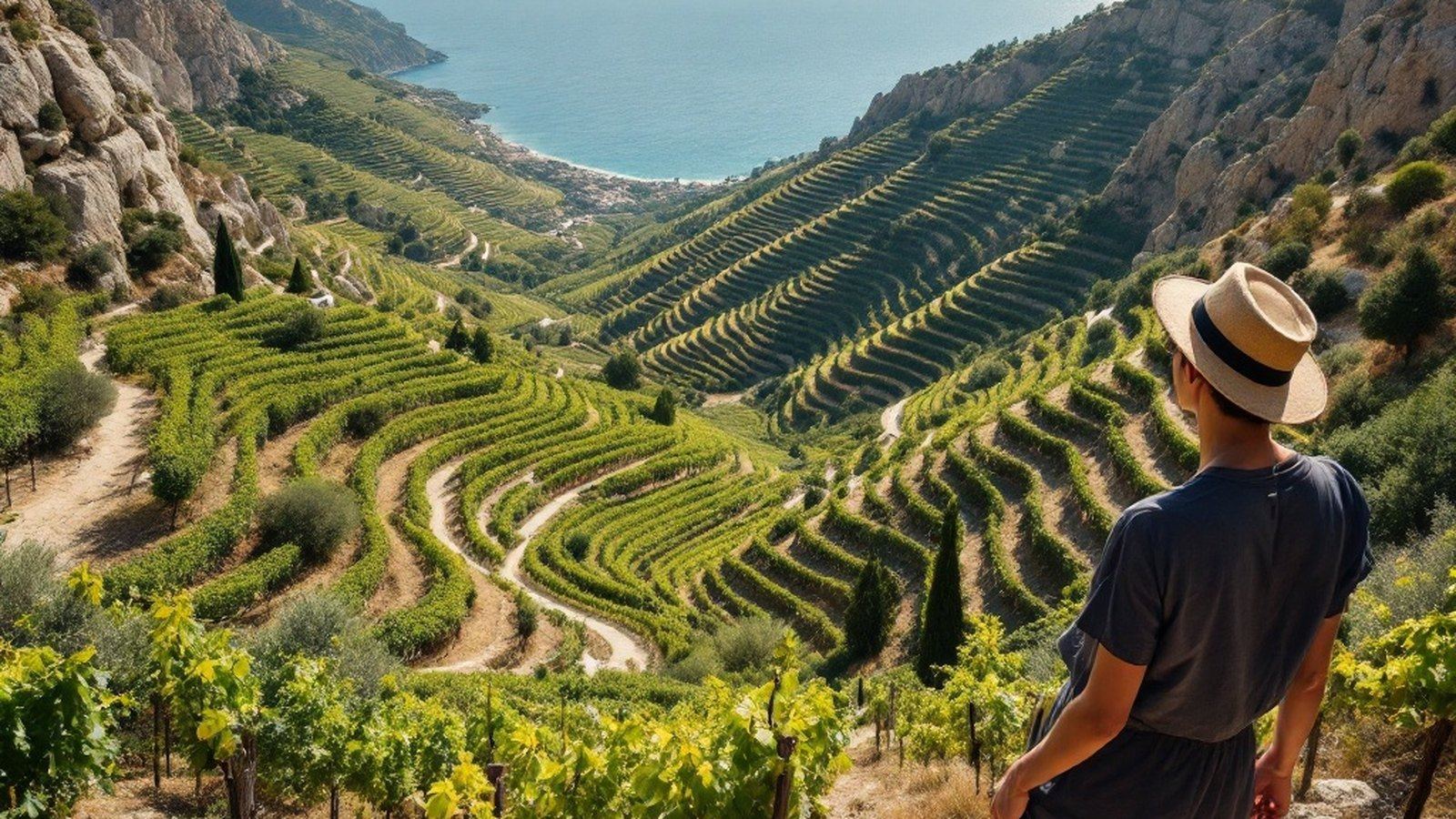 Wide shot of terraced schist vineyards dropping steeply to the Mediterranean