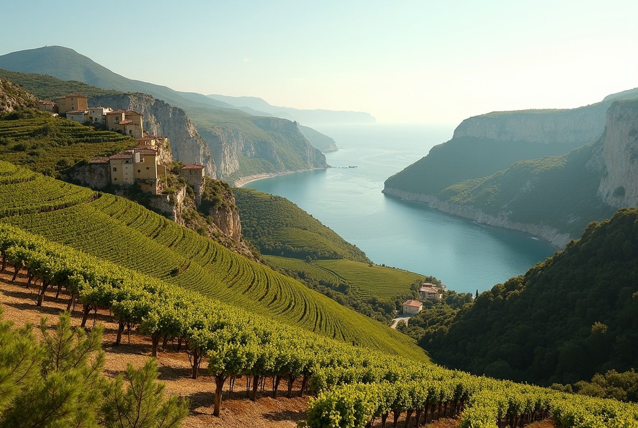 Wide shot of terraced schist vineyards dropping steeply to the Mediterranean
