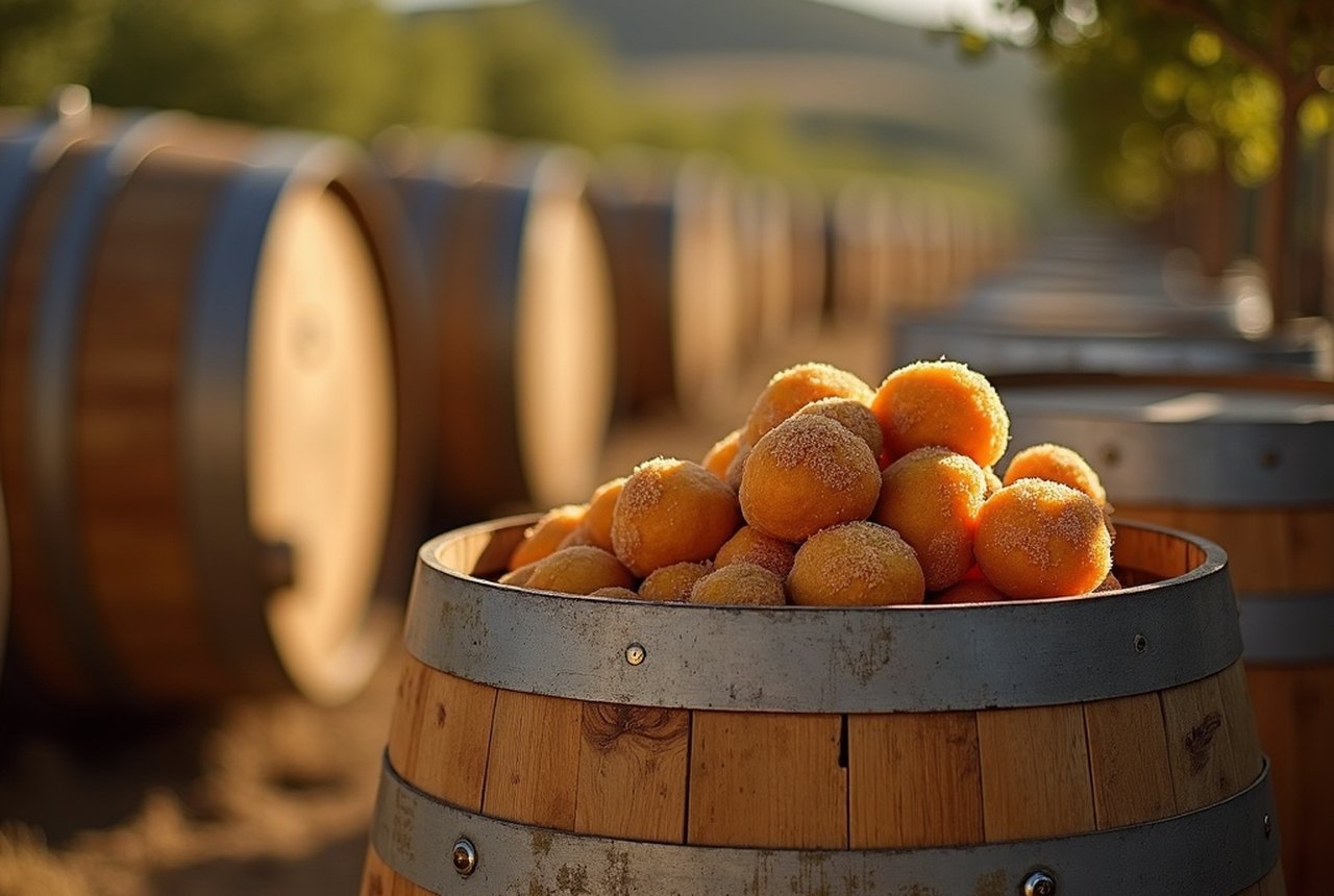 Close-up of a bonbonne or barrel in outdoor rancio ageing