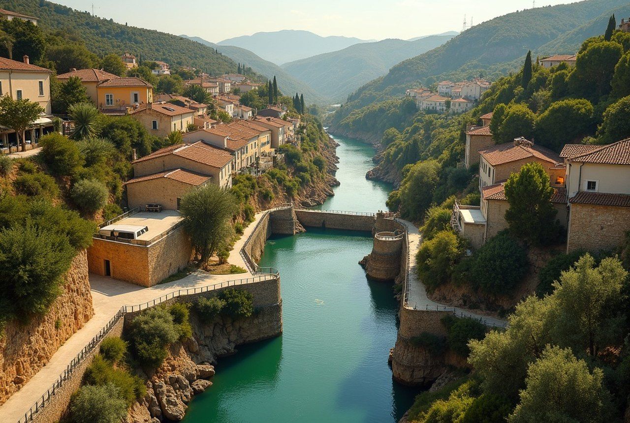 Aerial or elevated view of the Fonseranes staircase of locks