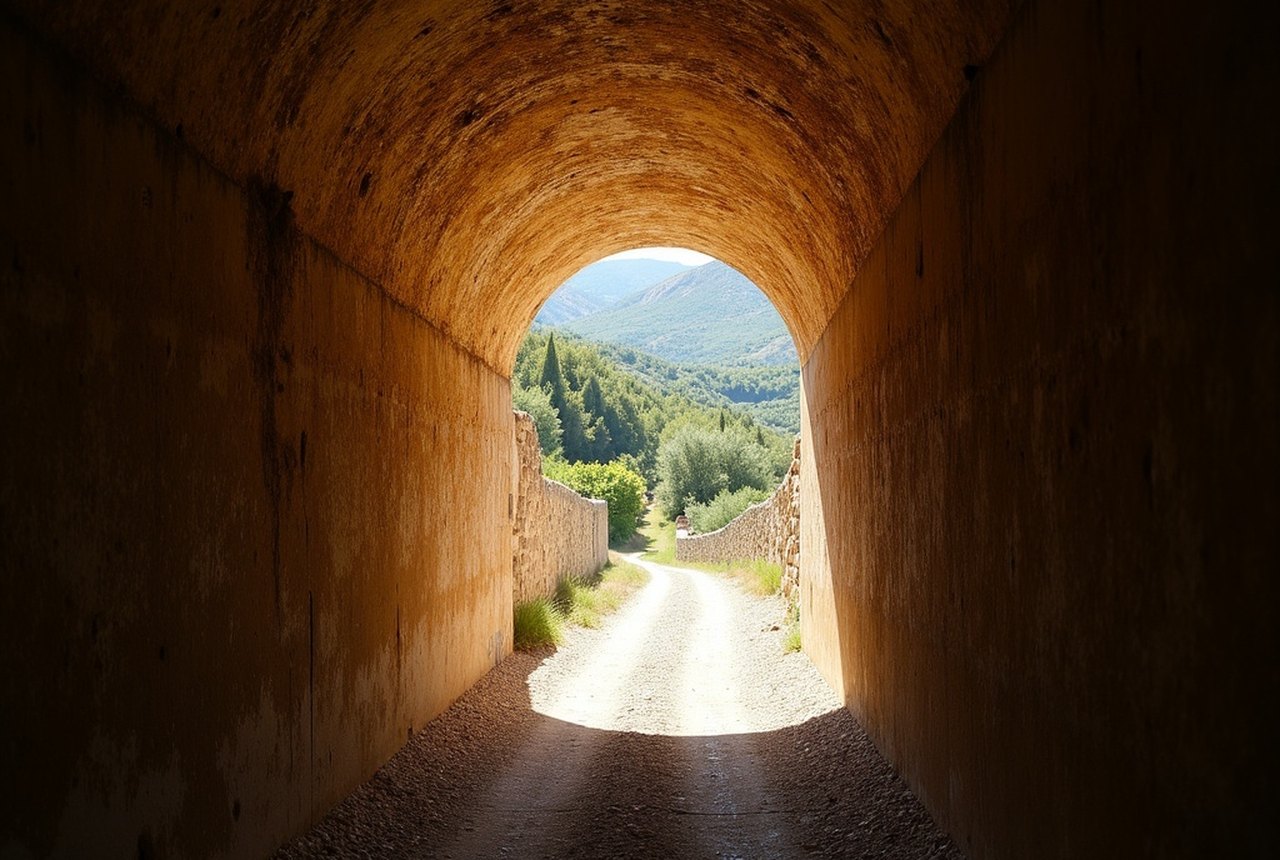 Low perspective inside the Malpas tunnel looking toward the light at one end