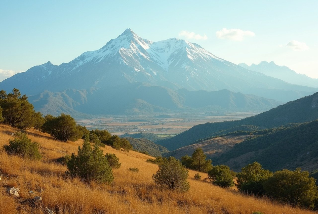 Wide-angle view of Canigou's snow-capped summit rising above the Tech or Têt valley plain