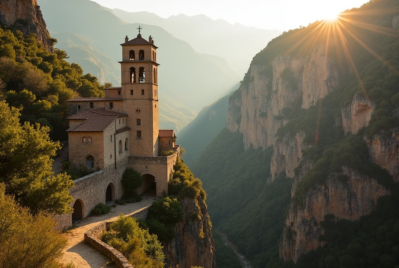 Saint-Martin-du-Canigou bell-tower against the gorge drop, ideally in morning light