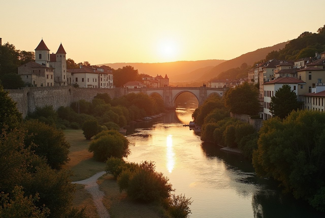 Wide dusk or dawn shot of the Cité from the south bank of the Aude