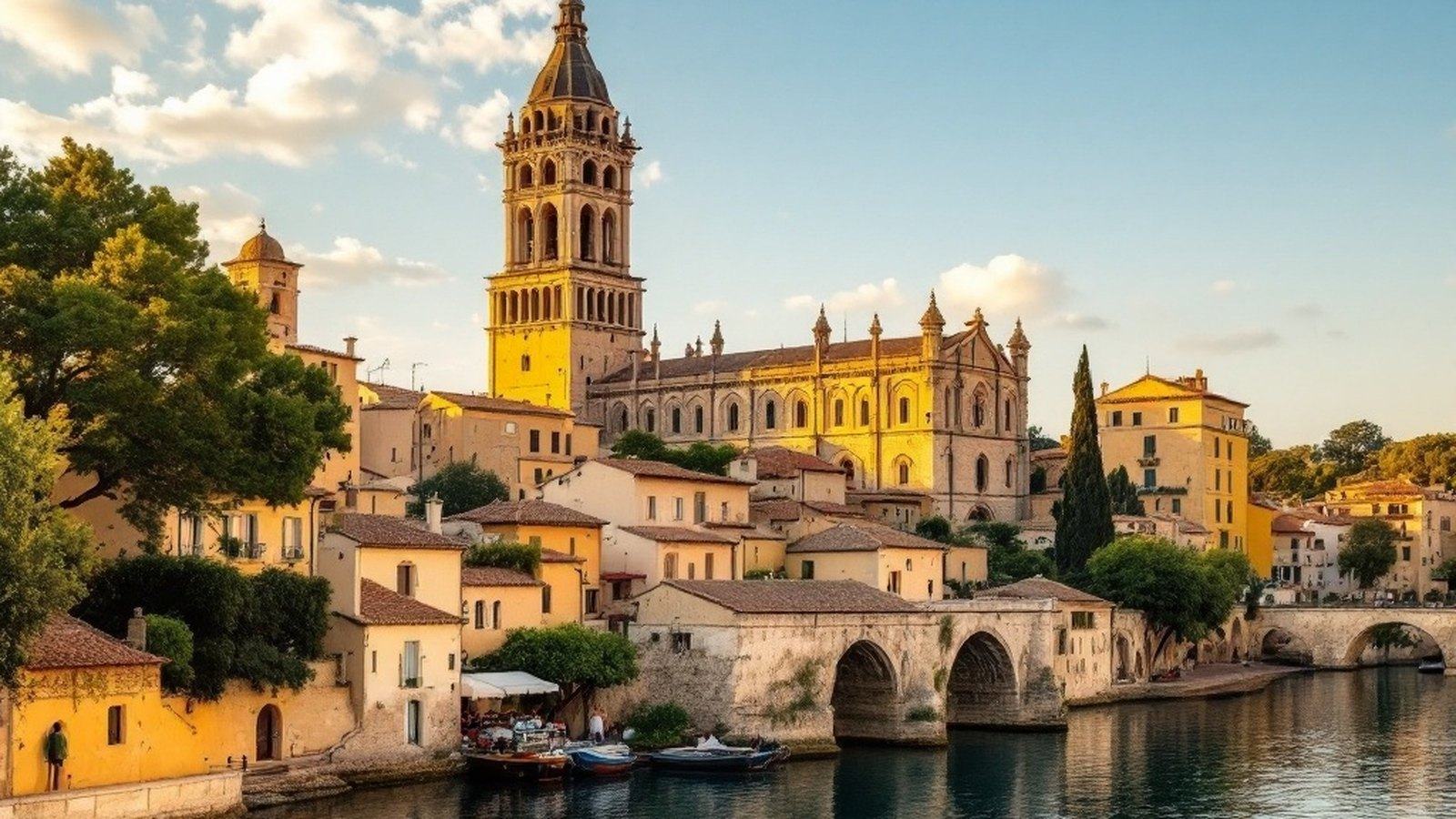 Wide shot of Notre-Dame-des-Anges bell tower from the water, golden hour
