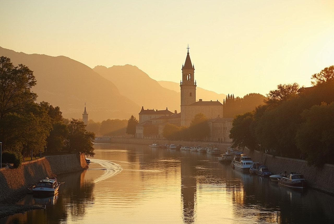 Wide shot of Notre-Dame-des-Anges bell tower from the water, golden hour