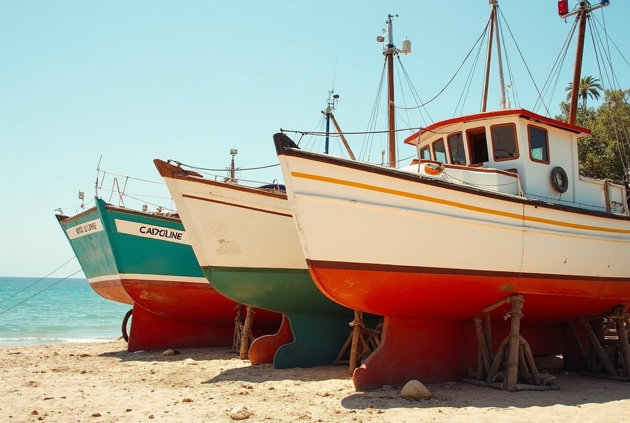 Barques catalanes hauled out on the beach, vivid painted hulls