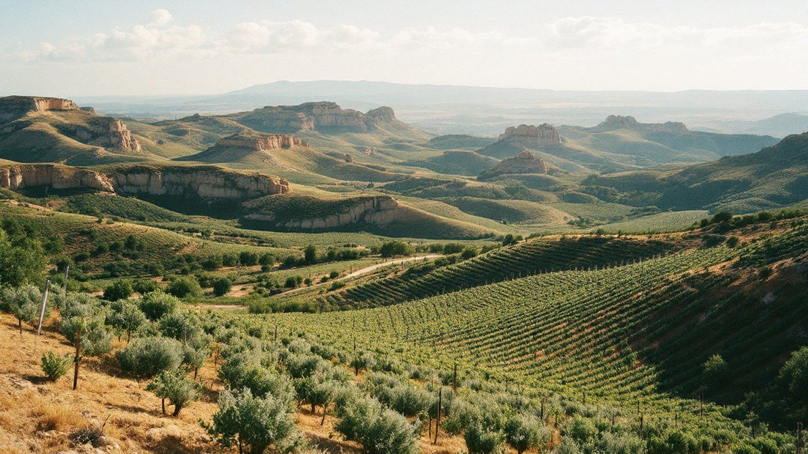 Wide landscape shot of garrigue-covered limestone ridges with vines