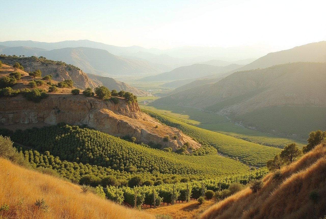Wide landscape shot of garrigue-covered limestone ridges with vines