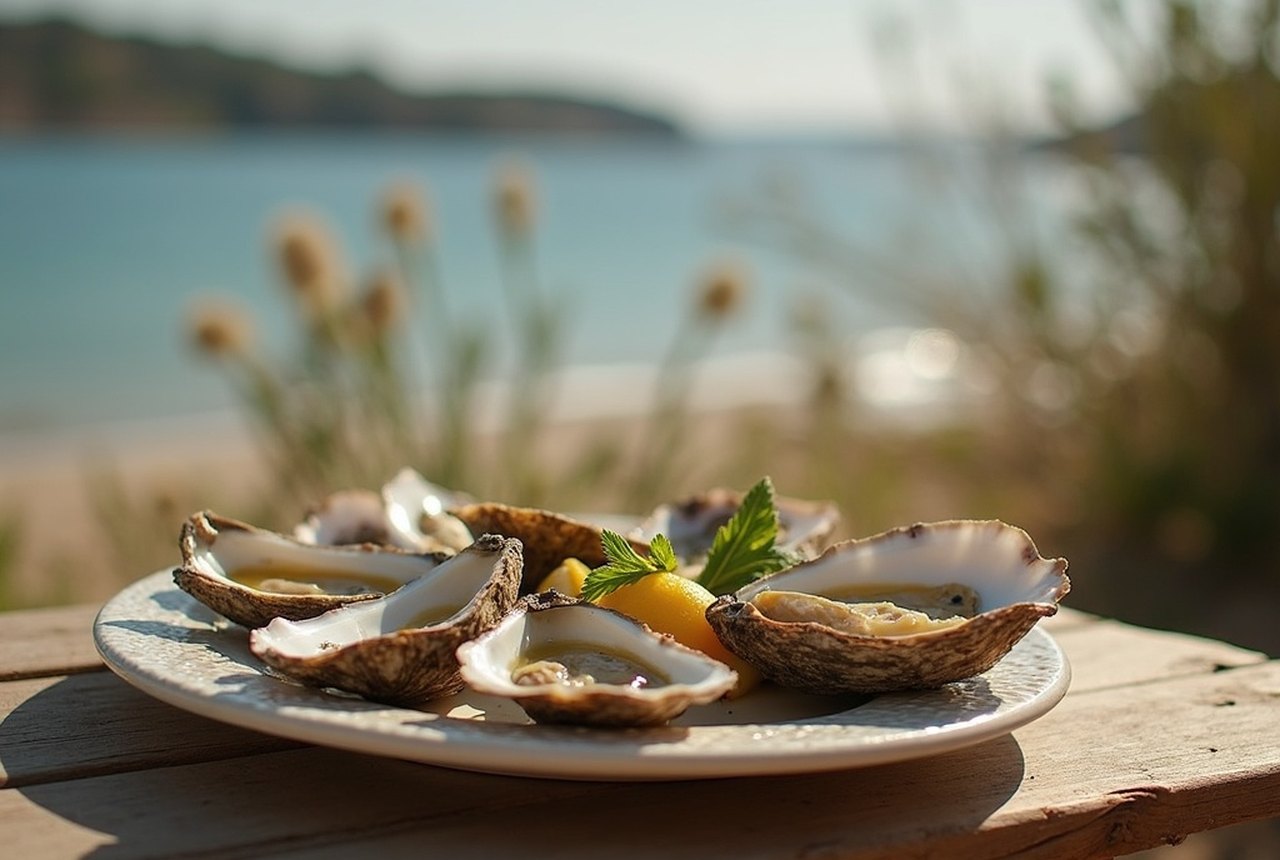 Close-up of freshly opened Bouzigues oysters on a trestle table by the water
