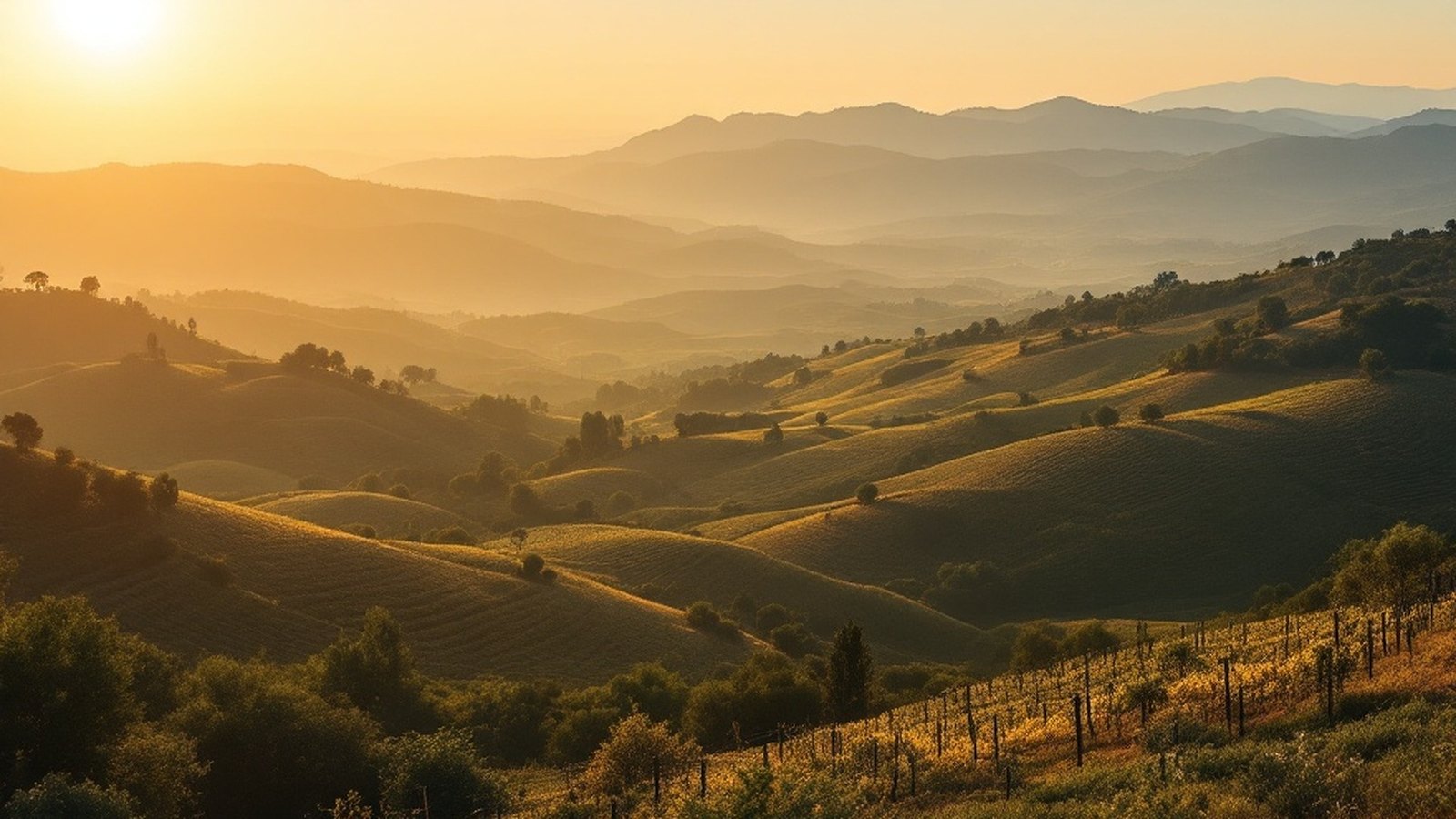 Soft, sun-warmed panorama of the Languedoc at golden hour — vineyards and fragrant garrigue hills rolling toward the Mediterranean, the distant blue wall of the Pyrenees behind; hazy, atmospheric, low-contrast, painterly light