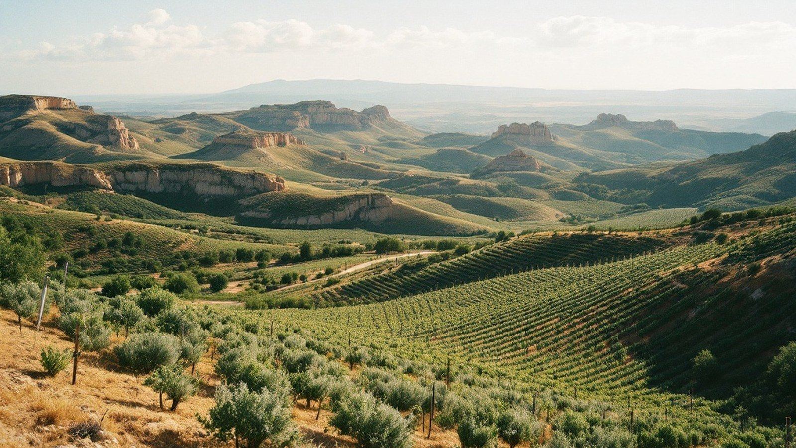 Wide landscape shot of garrigue-covered limestone ridges with vines