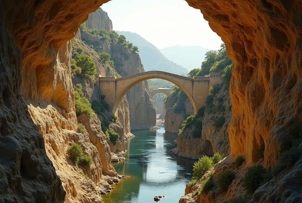The natural limestone bridges of the Cesse, shot from inside the gorge