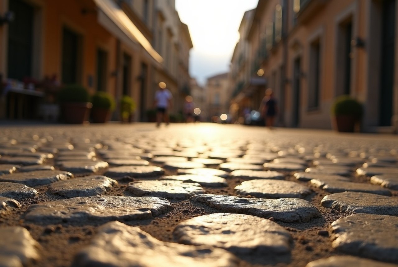 Close-up of Via Domitia basalt paving with visible wagon ruts, Place de l'Hôtel de Ville