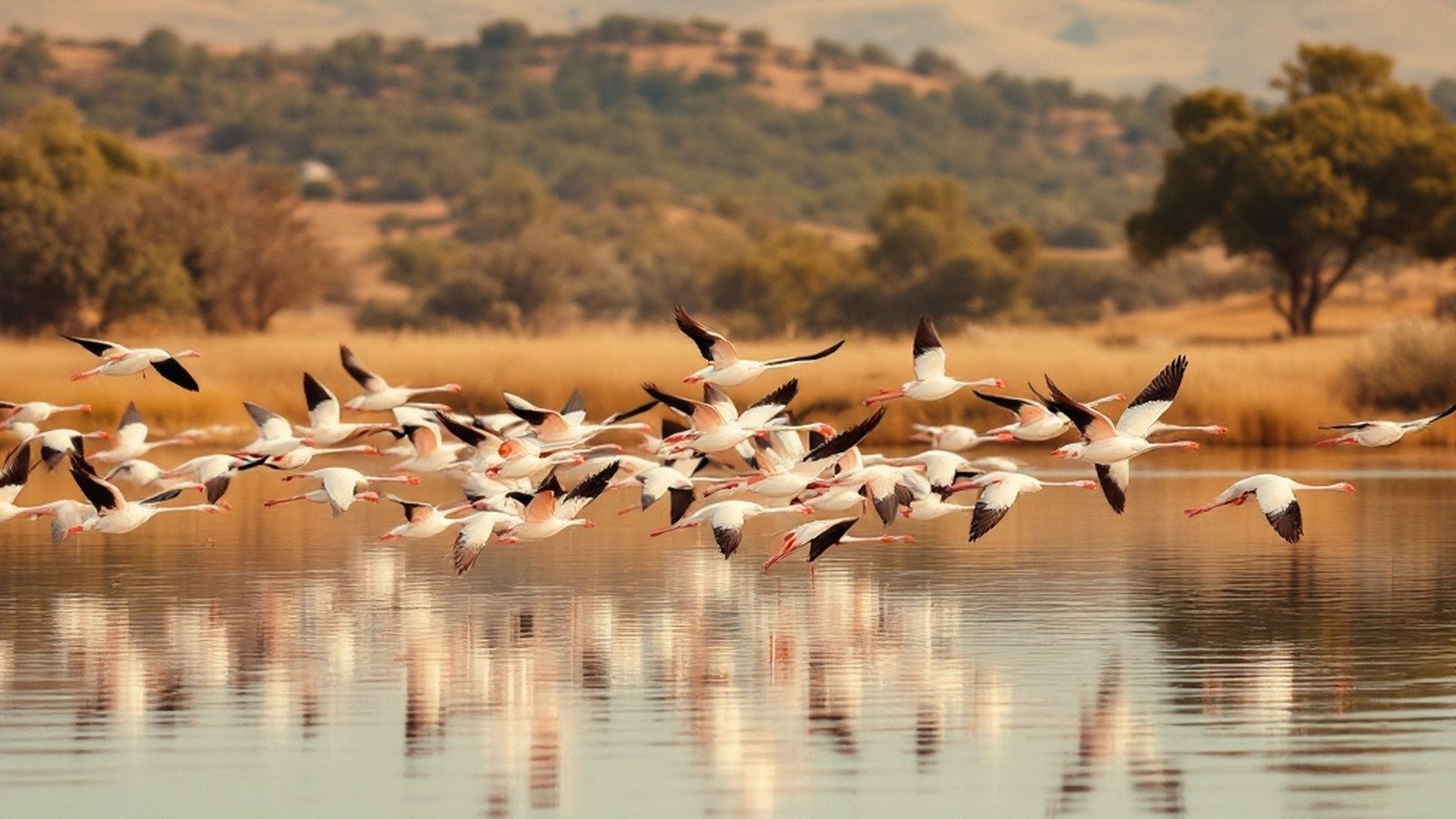 Flock of greater flamingos in flight over a lagoon