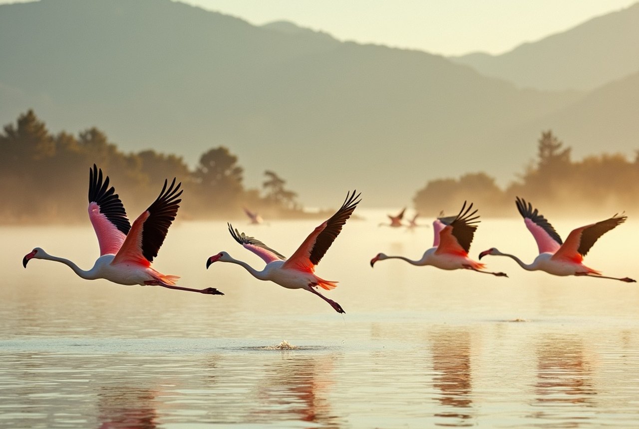 Flock of greater flamingos in flight over a lagoon