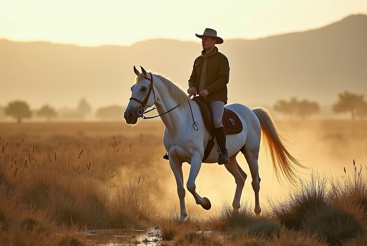 White Camargue horses in marshland, ideally with rider