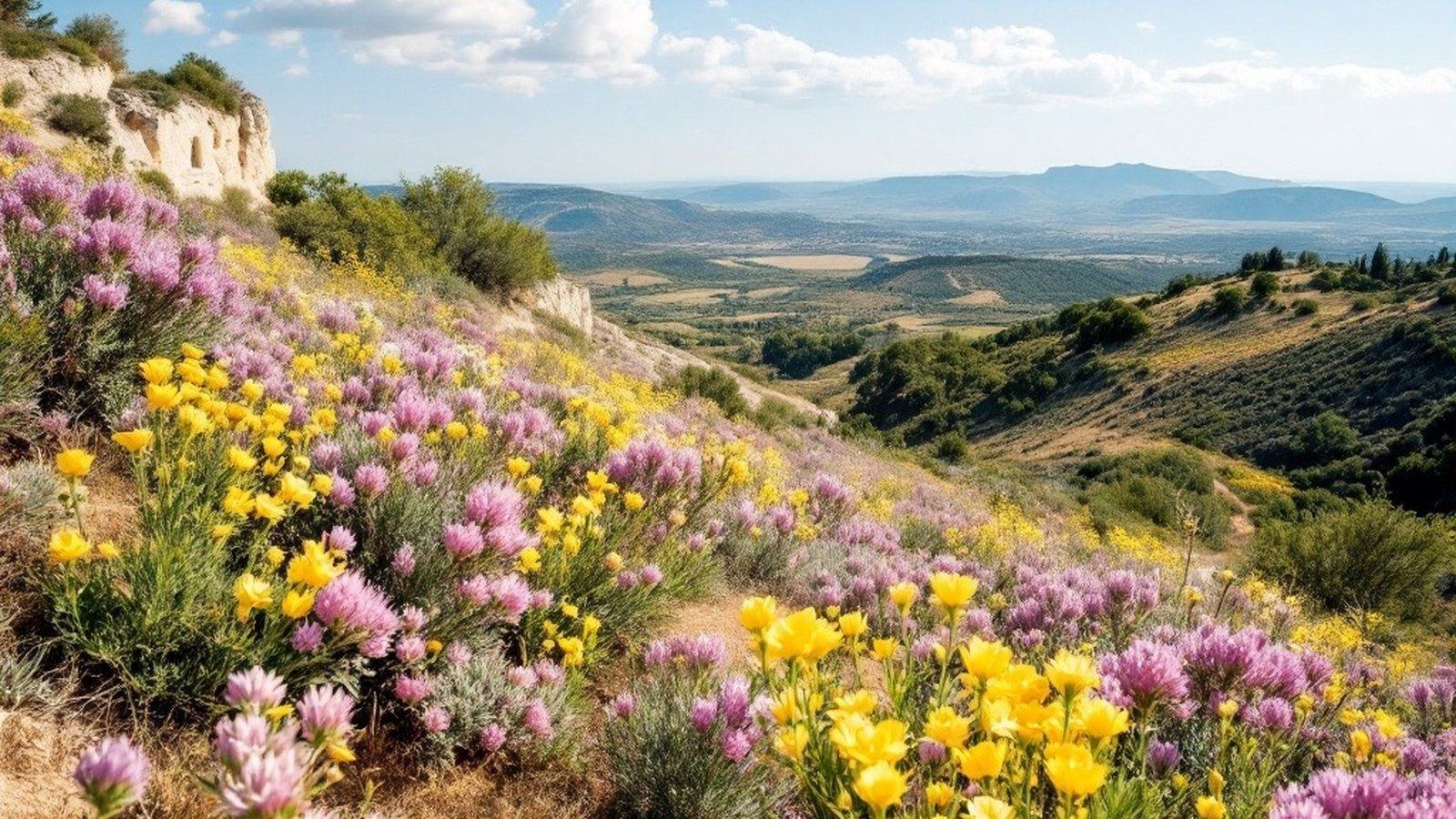Wide shot of garrigue hillside in bloom with cistus, limestone visible