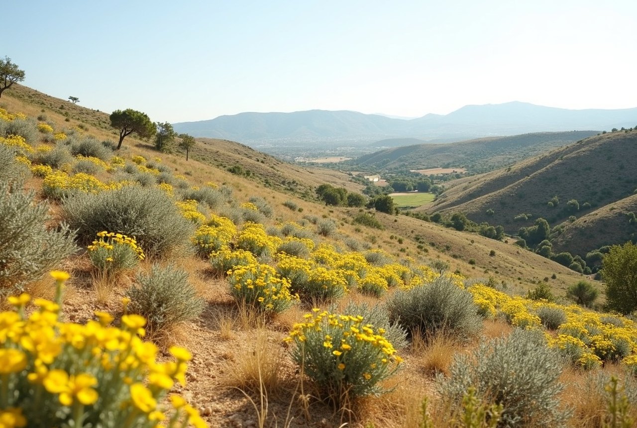 Wide shot of garrigue hillside in bloom with cistus, limestone visible